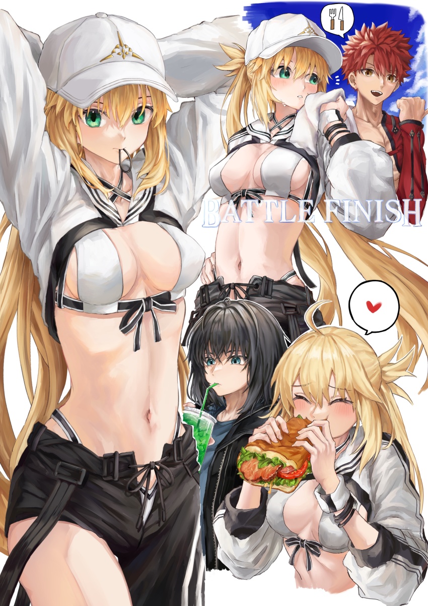 1girl 2boys absurdres ahoge artoria_caster_(fate) artoria_caster_(swimsuit_berserker)_(fate) artoria_pendragon_(fate) ayusalt0602 baseball_cap bikini blonde_hair blush breasts eating emiya_shirou fate/grand_order fate_(series) food green_eyes hat highres multiple_boys oberon_(fate) open_mouth pants senji_muramasa_(fate) small_breasts swimsuit white_bikini