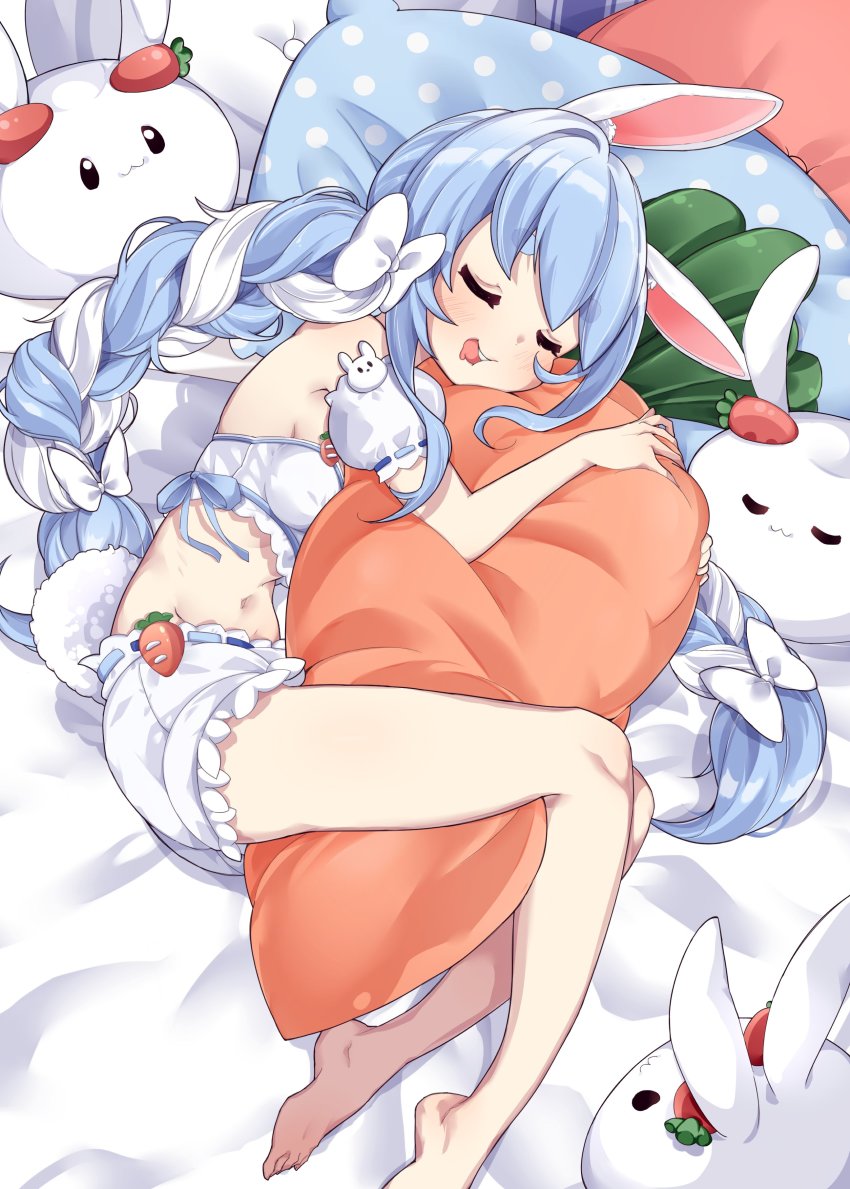 absurdres animal_ears bed blue_hair body_pillow bow braid carrot closed_eyes hair_bow highres hololive long_hair mou_niu multicolored_hair pekomon_(usada_pekora) pillow rabbit_ears rabbit_girl rabbit_tail ribbon short_eyebrows sleeping sleepwear tail teeth thick_eyebrows twin_braids two-tone_hair upper_teeth_only usada_pekora virtual_youtuber white_hair