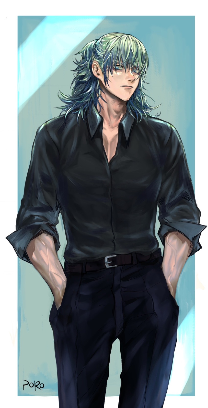 1boy aqua_eyes aqua_hair black_shirt collared_shirt formal_clothes highres jujutsu_kaisen kashimo_hajime long_hair looking_at_viewer male_focus rei_(poro06625649) shirt solo