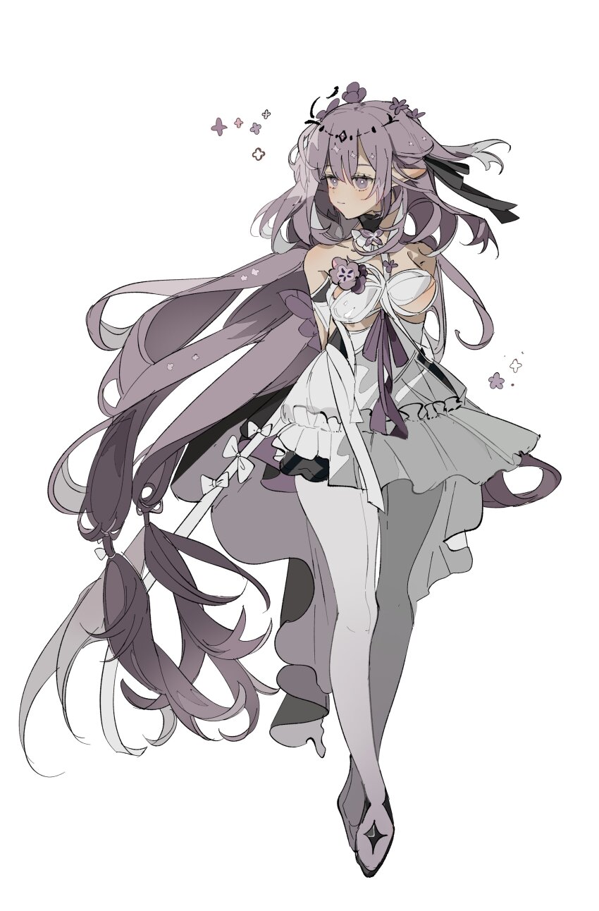 1girl absurdres bare_shoulders black_tiara breasts castorice_(honkai:_star_rail) dress flower frilled_dress frills hair_flower hair_ornament highres honkai:_star_rail honkai_(series) long_hair note_nii pointy_ears purple_eyes purple_hair solo tiara very_long_hair white_background white_dress