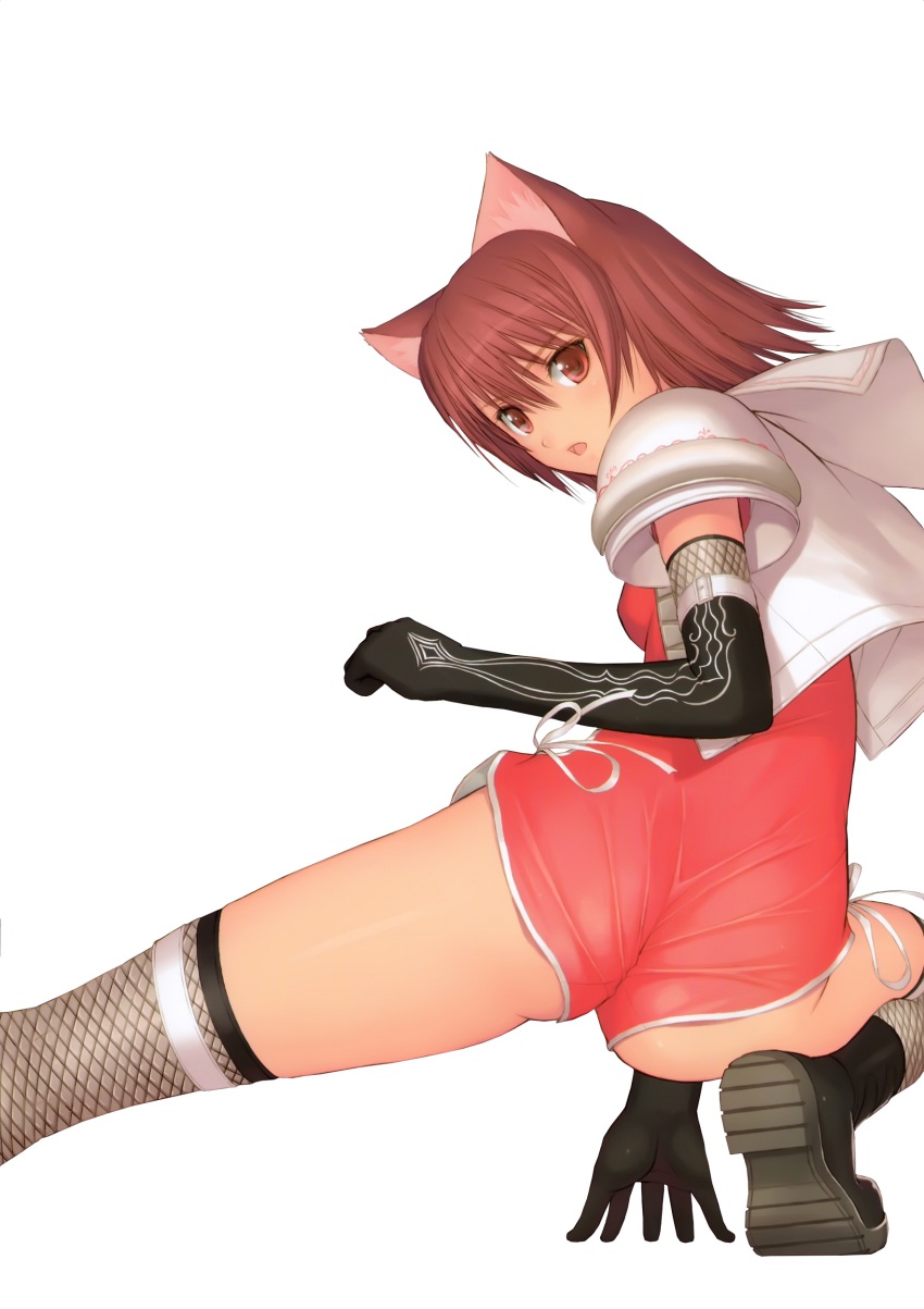 1girl absurdres animal_ears ass boots brown_hair elbow_gloves female_focus fishnets from_behind gloves highres legs looking_back mao_(shining_tears) official_art open_mouth red_eyes red_hair sega shining_(series) shining_tears short_hair simple_background solo thighhighs tony_taka wedgie white_background