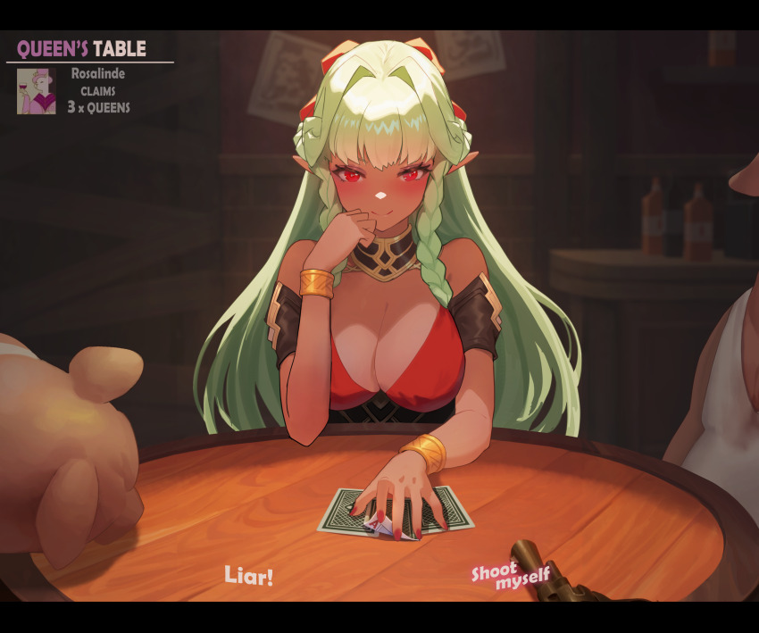 1girl 2boys absurdres alternate_costume blush braid breasts bristle_(liar&#039;s_bar) card cleavage closed_mouth commentary_request cosplay crossover cupcake_(liar&#039;s_bar) cupcake_(liar&#039;s_bar)_(cosplay) dark-skinned_female dark_elf dark_skin dress elf english_text furry furry_male gameplay_mechanics green_hair highres indoors large_breasts liar&#039;s_bar long_hair looking_at_viewer multiple_boys pig_boy pointy_ears puyoakira red_dress red_eyes rosalinde_(unicorn_overlord) sitting smile strapless strapless_dress table twin_braids unicorn_overlord