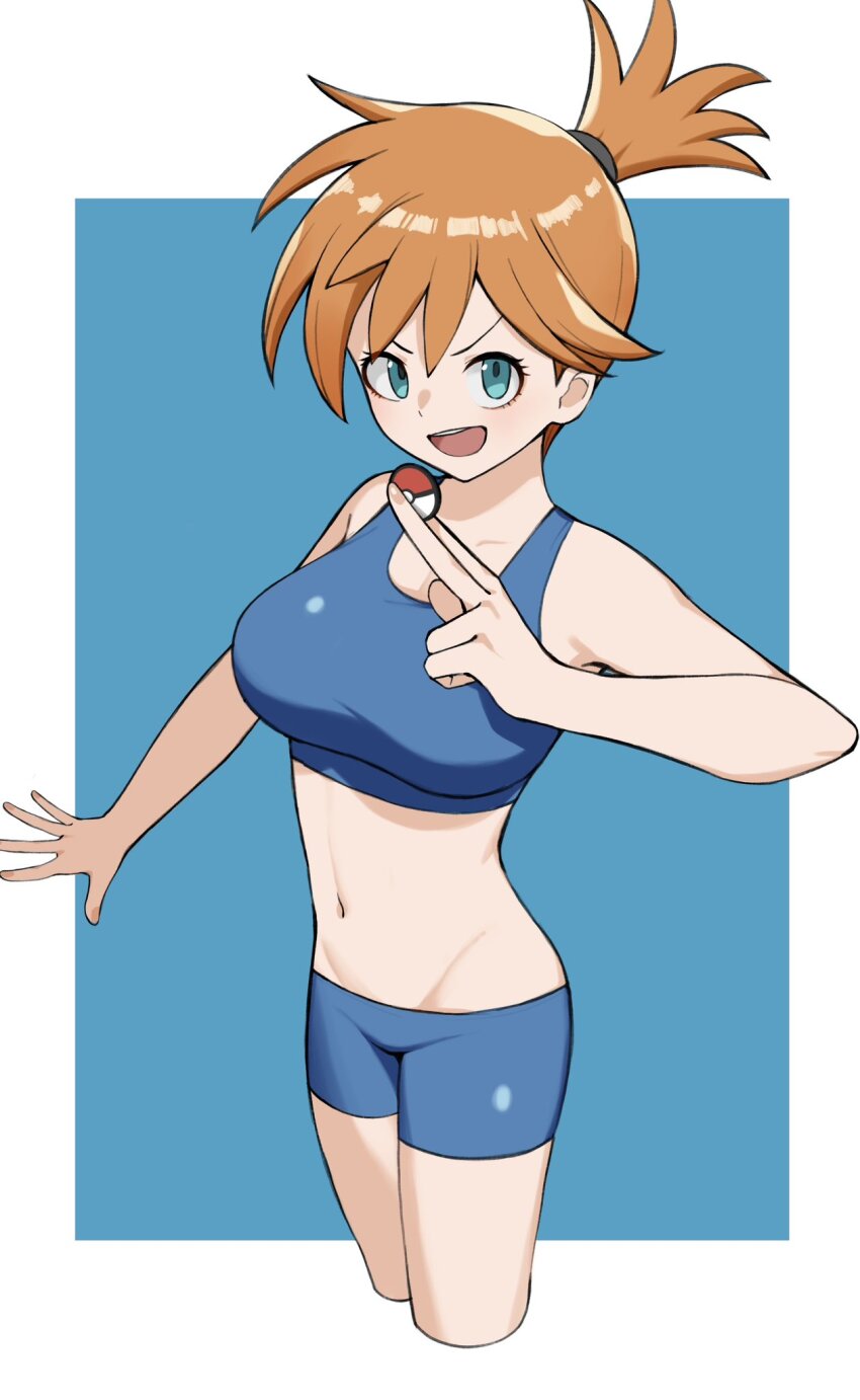 1girl :d asymmetrical_hair bad_tag bare_shoulders bikini bikini_shorts blue_bikini blue_eyes blue_shorts blush bra breasts creatures_(company) crop_top eyelashes female_focus game_freak green_eyes groin gym_leader hair_tie highres holding holding_poke_ball large_breasts looking_at_viewer midriff misty_(pokemon) navel nintendo open_mouth orange_hair poke_ball poke_ball_(basic) pokemon pokemon_(anime) pokemon_(classic_anime) pokemon_rgby ponytail shirt short_hair short_shorts shorts side_ponytail smile solo sports_bra standing swimsuit tank_top teeth thighs tongue tsuneshima underwear