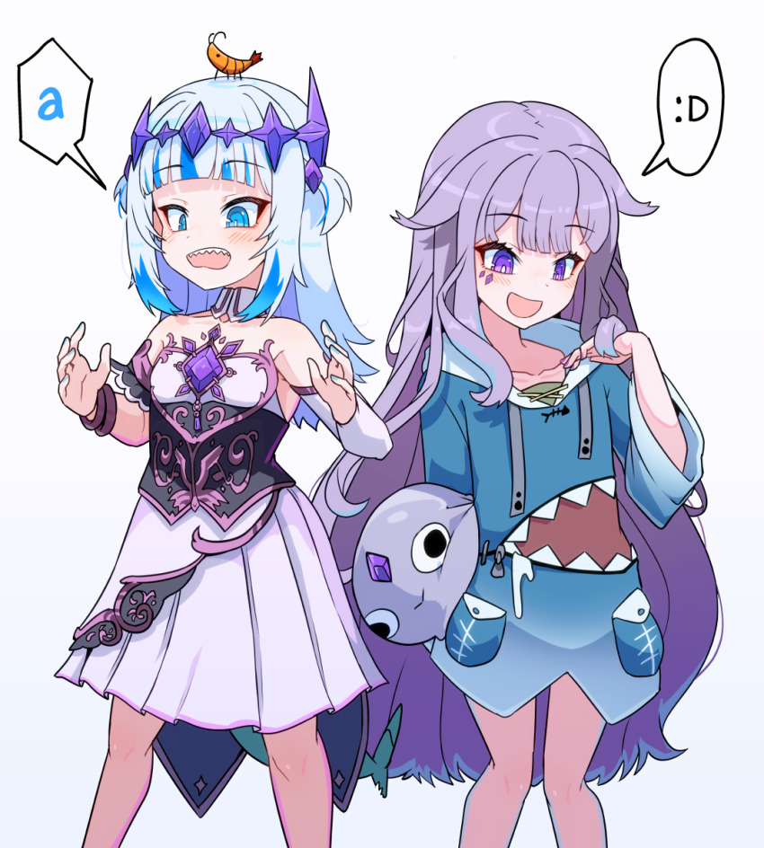 2girls :d a_(phrase) blue_eyes blue_hair blush chest_jewel circlet colored_inner_hair cosplay costume_switch detached_collar dress gawr_gura gawr_gura_(1st_costume) gem grey_hair hair_ornament highres hololive hololive_english jewel_under_eye koseki_bijou koseki_bijou_(1st_costume) long_hair moral_cacoethes multicolored_hair multiple_girls open_mouth pebble_(koseki_bijou) pink_hair purple_eyes purple_hair shrimp smile streaked_hair virtual_youtuber white_dress