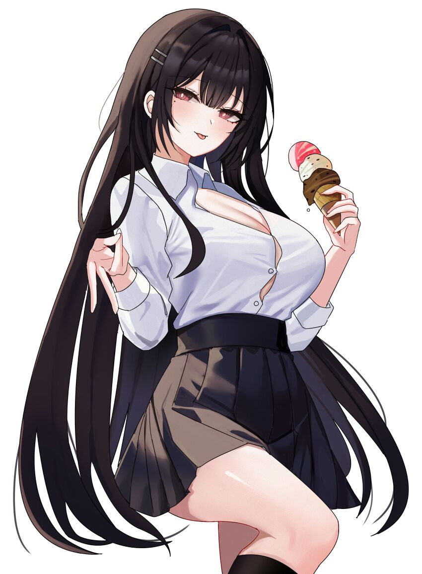 1girl absurdres black_hair black_skirt black_socks breasts bright_pupils button_gap cleavage closed_mouth collared_shirt commission dress_shirt food hair_ornament hairclip hand_up high-waist_skirt highres holding holding_food holding_ice_cream ice_cream knee_up kneehighs large_breasts long_hair looking_at_viewer miniskirt mole mole_under_eye original pleated_skirt red_eyes rudang shirt shirt_tucked_in simple_background skirt smile socks solo thighs tongue tongue_out v very_long_hair white_background white_shirt