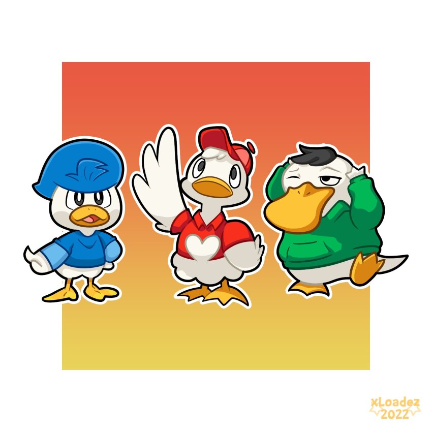 bird blue_headwear blue_shirt creatures_(company) dewey_duck duck ducklett ducktales game_freak gen_1_pokemon gen_5_pokemon green_shirt hat highres huey_duck louie_duck nintendo no_humans one_eye_closed outline pokemon psyduck quaxly red_headwear red_shirt shirt simple_background white_outline xloadez