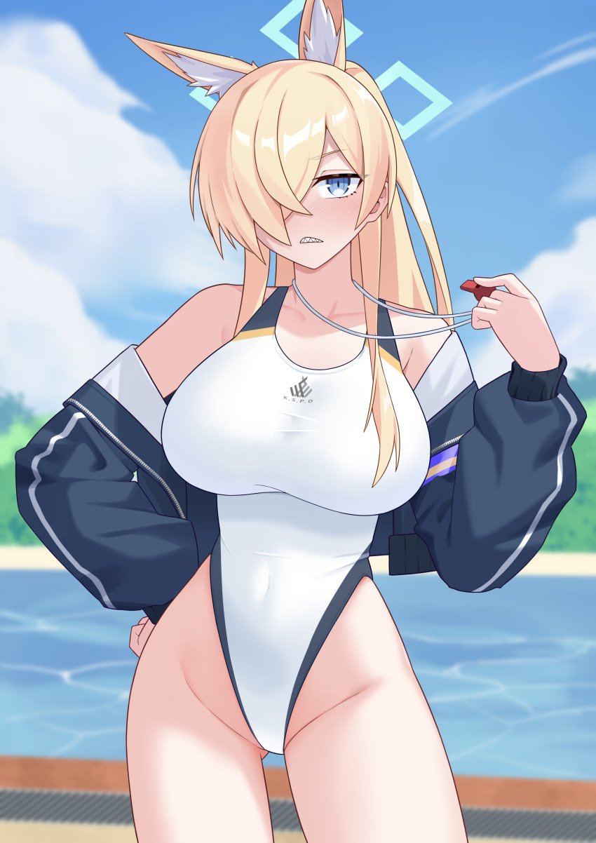 1girl absurdres animal_ears bare_shoulders blonde_hair blue_archive blue_eyes blue_jacket blue_sky blush breasts collarbone dog_ears extra_ears hair_over_one_eye halo highleg highleg_one-piece_swimsuit highres jacket kanna_(blue_archive) kanna_(swimsuit)_(blue_archive) large_breasts liu_han long_hair long_sleeves looking_at_viewer off_shoulder one-piece_swimsuit ponytail pool sharp_teeth sidelocks sky solo swimsuit teeth thighs white_one-piece_swimsuit