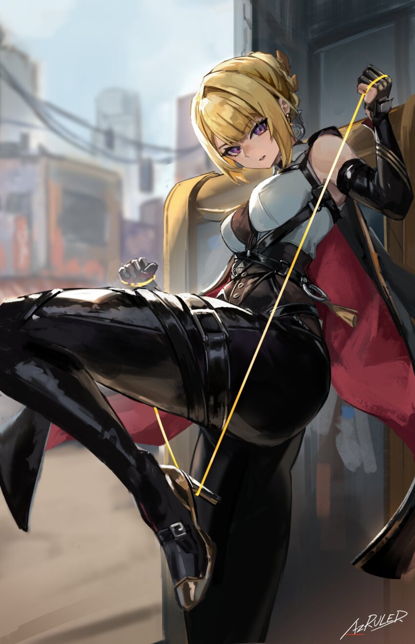 1girl artist_name az&#039;ruler black_footwear black_gloves black_pants blonde_hair breasts building cityscape evelyn_chevalier gloves hair_between_eyes highres large_breasts looking_at_viewer outdoors pants partially_fingerless_gloves purple_eyes serious sidelocks solo standing standing_on_one_leg zenless_zone_zero