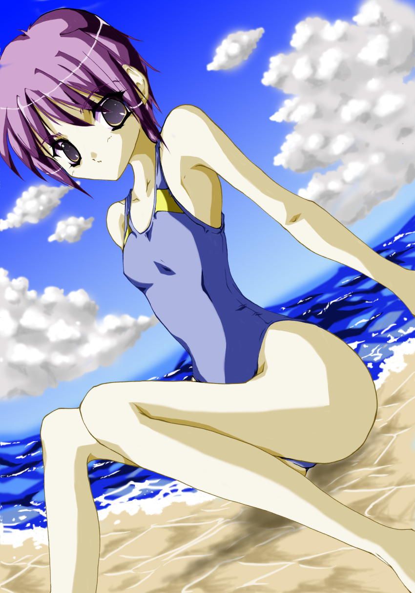 00s 1girl absurdres beach blue_sky brown_eyes closed_mouth cloud competition_swimsuit female_focus highres jun looking_at_viewer nagato_yuki ocean one-piece_swimsuit purple_hair sand sitting sky solo suzumiya_haruhi_no_yuuutsu swimsuit water