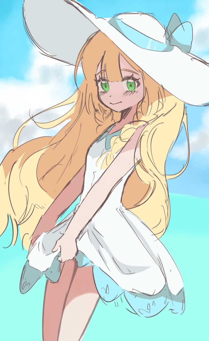 1girl blonde_hair closed_mouth clothes_lift cloud collared_dress commentary_request creatures_(company) day dress dress_lift eyelashes game_freak green_eyes hat highres korean_commentary lifting_own_clothes lillie_(pokemon) long_hair nintendo outdoors pokemon pokemon_sm seonghak80 sky sleeveless sleeveless_dress solo standing sun_hat white_dress white_hat