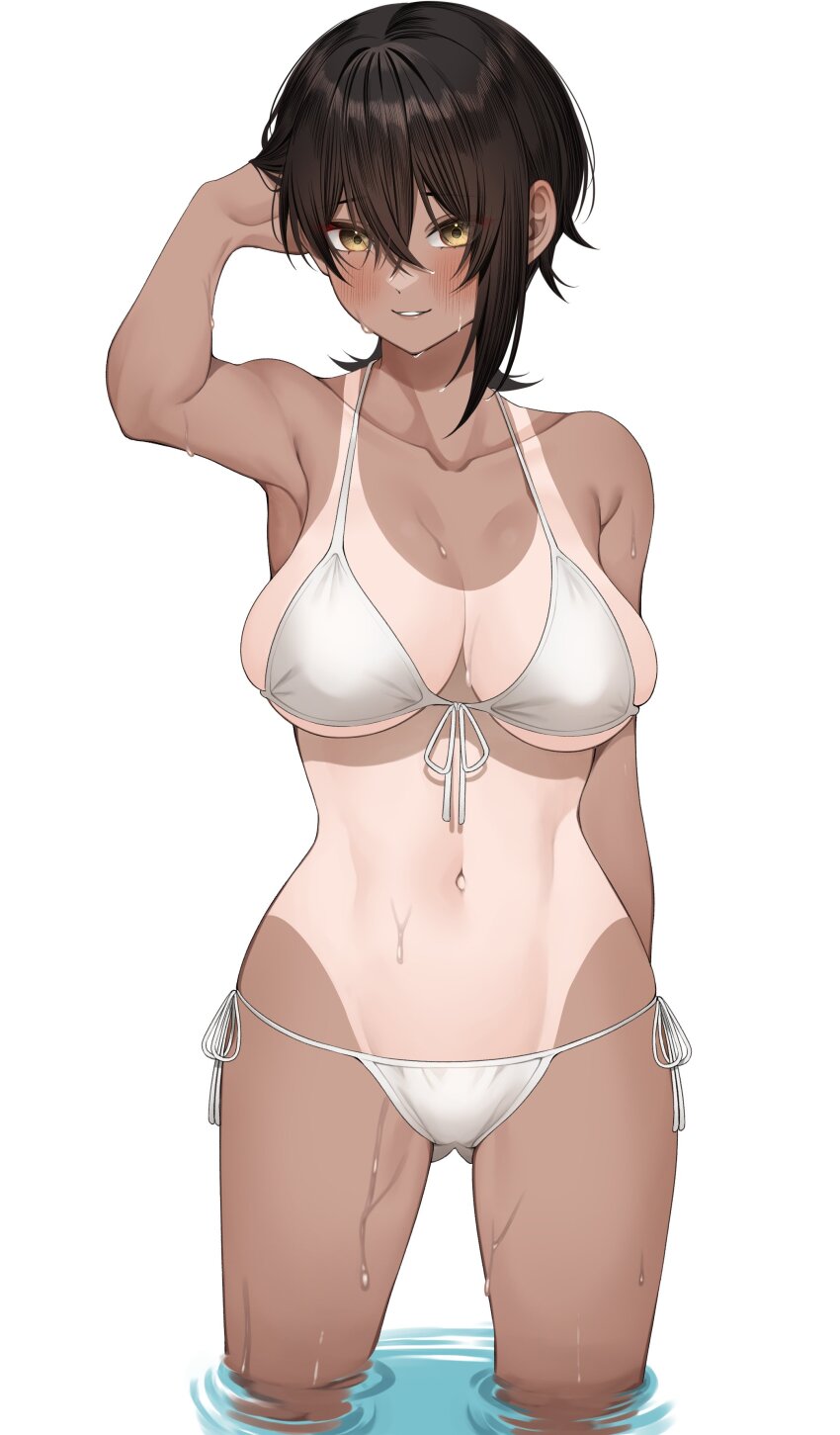 1girl absurdres arm_behind_head arm_up armpits bikini black_hair breasts cleavage collarbone crossed_bangs dark-skinned_female dark_skin front-tie_bikini_top front-tie_top gluteal_fold highres large_breasts looking_at_viewer navel one-piece_tan original parted_lips short_hair side-tie_bikini_bottom skindentation smile solo stomach swimsuit tan tanline thighs wading water wet white_background white_bikini yellow_eyes yuya_(yuya_illust)