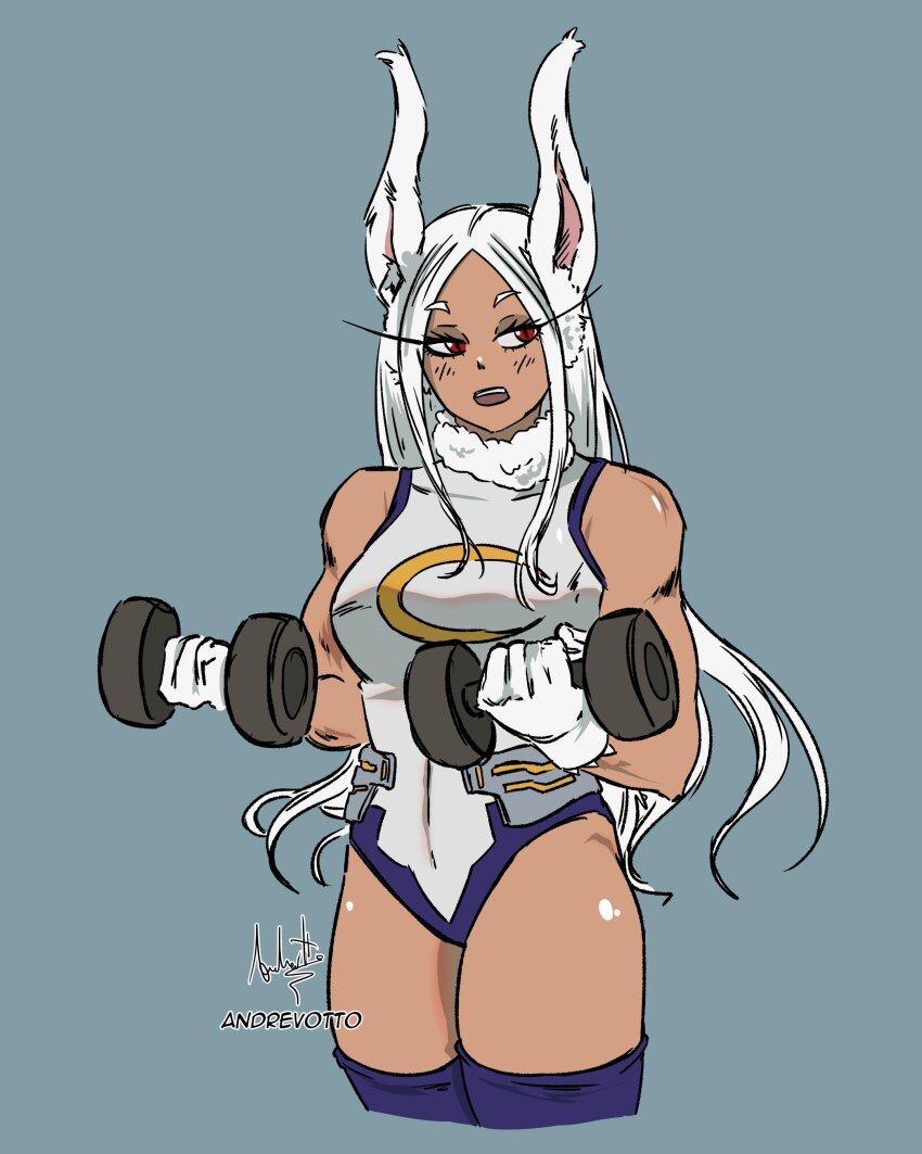 absurdres andrevotto animal_ear_fluff animal_ears artist_name blush boku_no_hero_academia cropped_legs dark-skinned_female dark_skin dumbbell gloves highres holding holding_dumbbell leotard long_hair mirko muscular muscular_female rabbit_ears red_eyes signature simple_background tan white_gloves white_hair