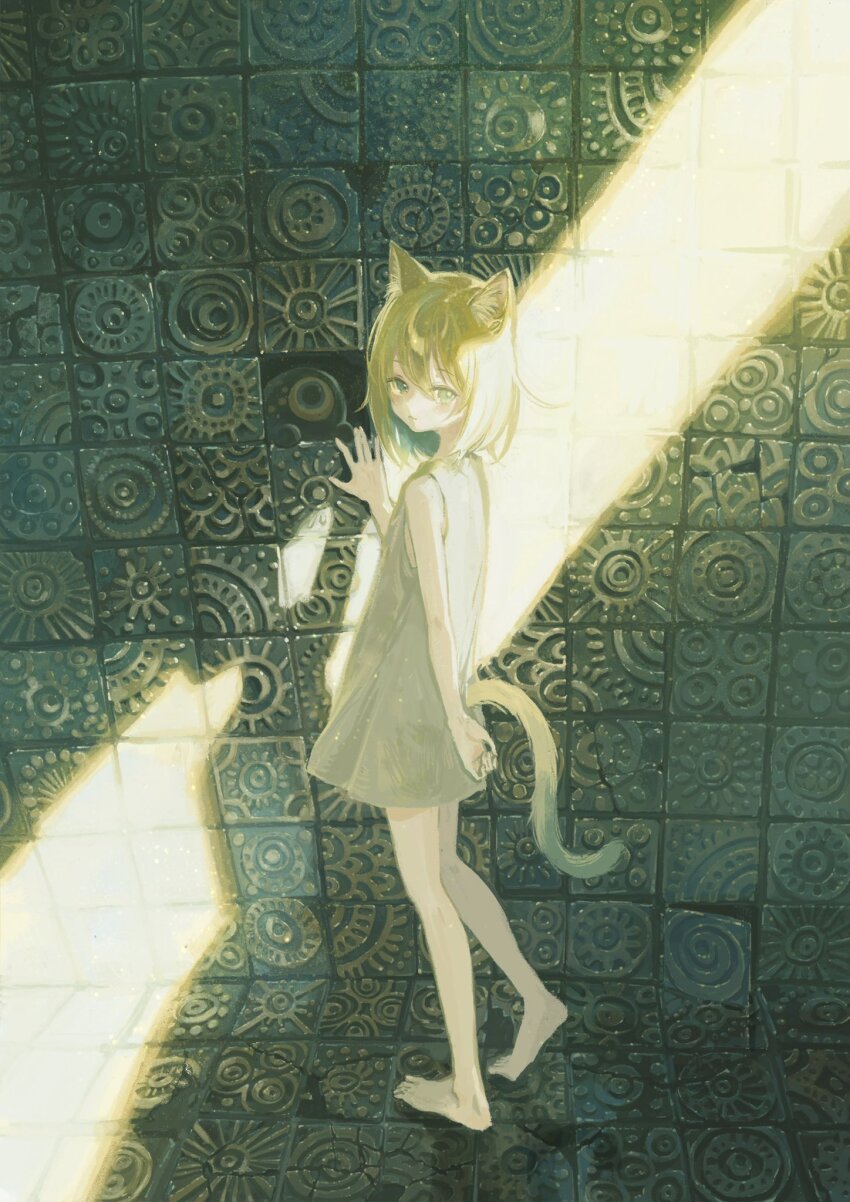 1girl animal_ears bare_legs bare_shoulders barefoot blonde_hair cat_ears cat_girl cat_tail closed_mouth clothing_cutout crack crack_of_light cracked_floor cracked_wall creature dress full_body grey_dress hand_up highres light_blush looking_at_viewer looking_to_the_side medium_hair original popepopo999 procreate_(medium) sleeveless sleeveless_dress solo standing tail tail_through_clothes tile_floor tile_wall tiles