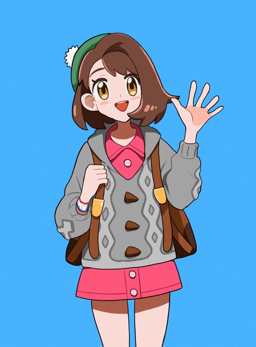 1girl :d baeming blue_background brown_bag brown_hair buttons cardigan collared_dress creatures_(company) dress dynamax_band game_freak gloria_(pokemon) green_hat grey_cardigan hand_up hat highres hood hood_down hooded_cardigan korean_commentary long_sleeves nintendo open_mouth pink_dress pokemon pokemon_swsh short_hair simple_background smile solo tam_o&#039;_shanter teeth upper_teeth_only yellow_eyes