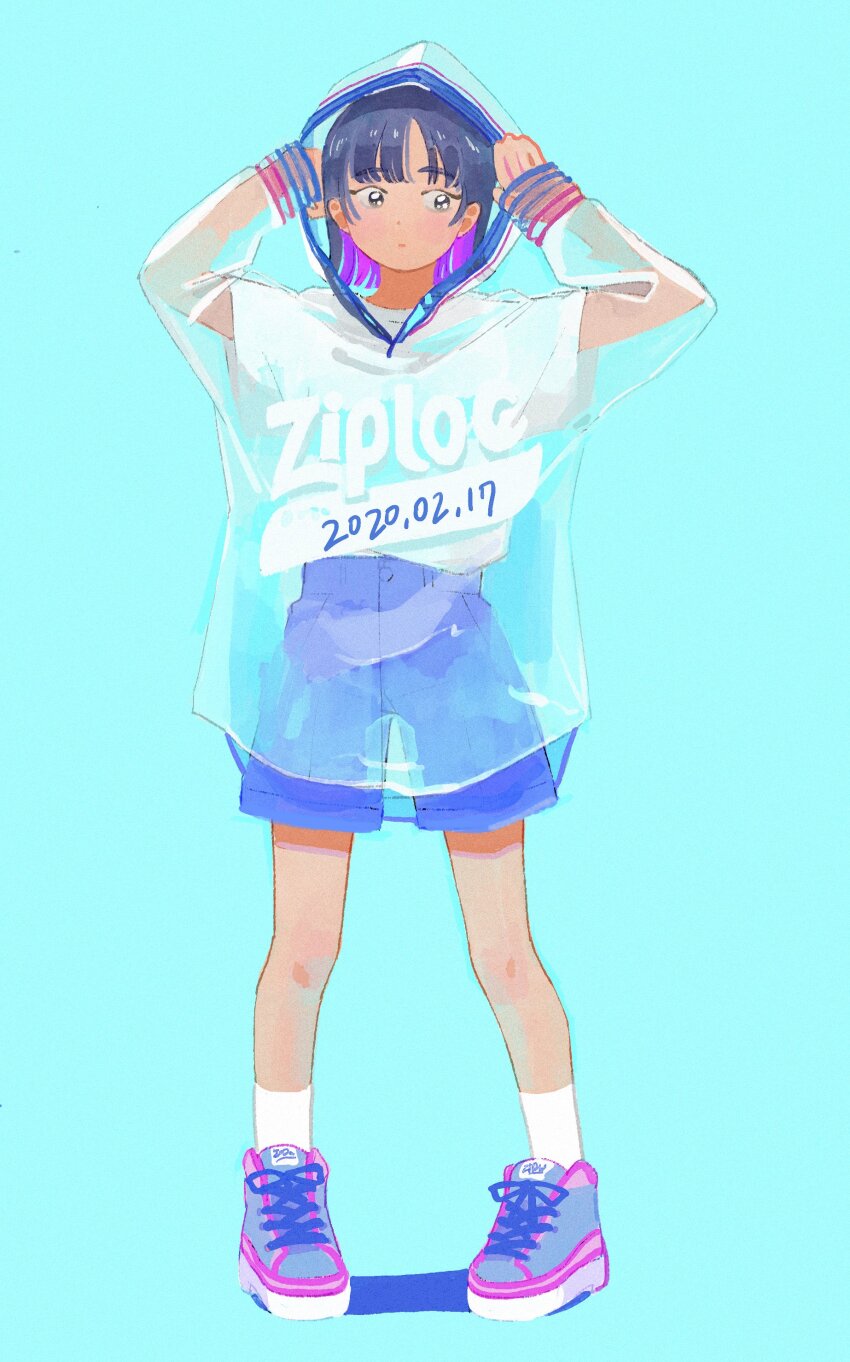 1girl 2020 absurdres blue_background blue_shorts dated full_body highres hood original raincoat see-through_clothes shirt shoes shorts socks solo watamoke white_shirt white_socks