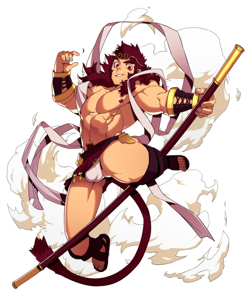 1boy abs absurdres bara bracer bulge circlet covered_penis flying_nimbus gluteal_fold highres journey_to_the_west large_pectorals legs_apart loincloth looking_at_viewer male_focus male_underwear male_underwear_peek midair monkey_boy monkey_tail muscular muscular_male navel navel_hair nipples original pectorals red_hair short_hair smile solo stomach sun_wukong tail thick_eyebrows thick_thighs thighs topless_male ttn_(239_239) underwear