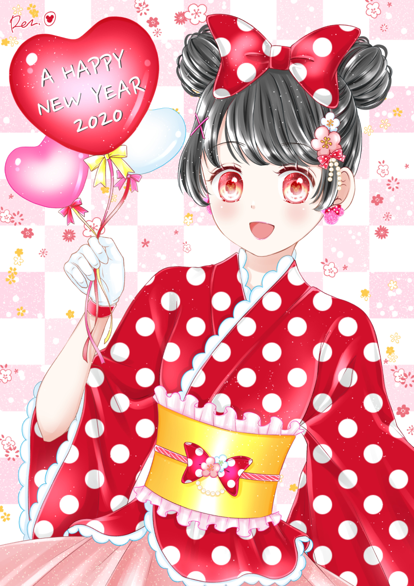 1girl 2020 alternate_costume animal_ears balloon bow disney hair_bow hair_bun happy happy_new_year highres humanization japanese_clothes kimono looking_at_viewer minnie_mouse nengajou new_year okino_ren open_mouth personification smile solo