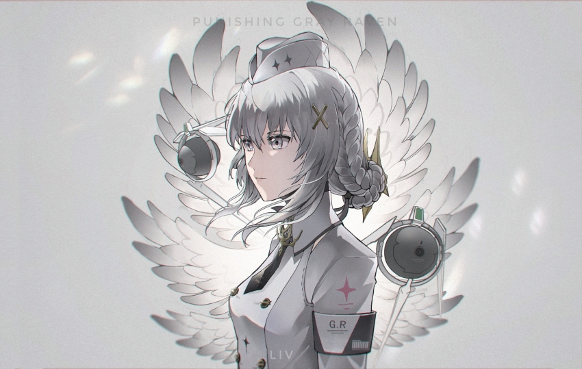 1girl barcode black_necktie breasts buttons character_name closed_mouth collared_dress copyright_name dress floating floating_object garrison_cap grey_background grey_dress grey_eyes grey_hair grey_hat hair_ornament hat highres liv:_empyrea_(pgr) liv_(pgr) long_hair long_sleeves necktie non-humanoid_robot punishing:_gray_raven robot sidelocks small_breasts ting_zhi_yue wings x_hair_ornament