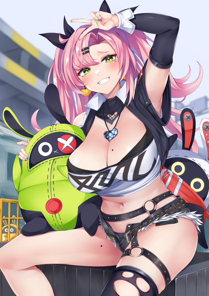 1girl absurdres arm_up bangboo_(zenless_zone_zero) black_jacket black_panties black_ribbon black_shorts black_thighhighs blue_nails breasts cleavage cutoffs detached_sleeves earrings green_eyes green_nails grin hair_ornament hair_ribbon hairclip heart heart_earrings heart_pendant highres irohara jacket jewelry large_breasts long_hair long_sleeves looking_at_viewer micro_shorts midriff nail_polish navel nicole_demara open_clothes open_jacket panties pendant pink_hair pink_nails ribbon shorts sitting smile solo stomach strapless thighhighs thighs tube_top two_side_up underwear v very_long_hair zenless_zone_zero