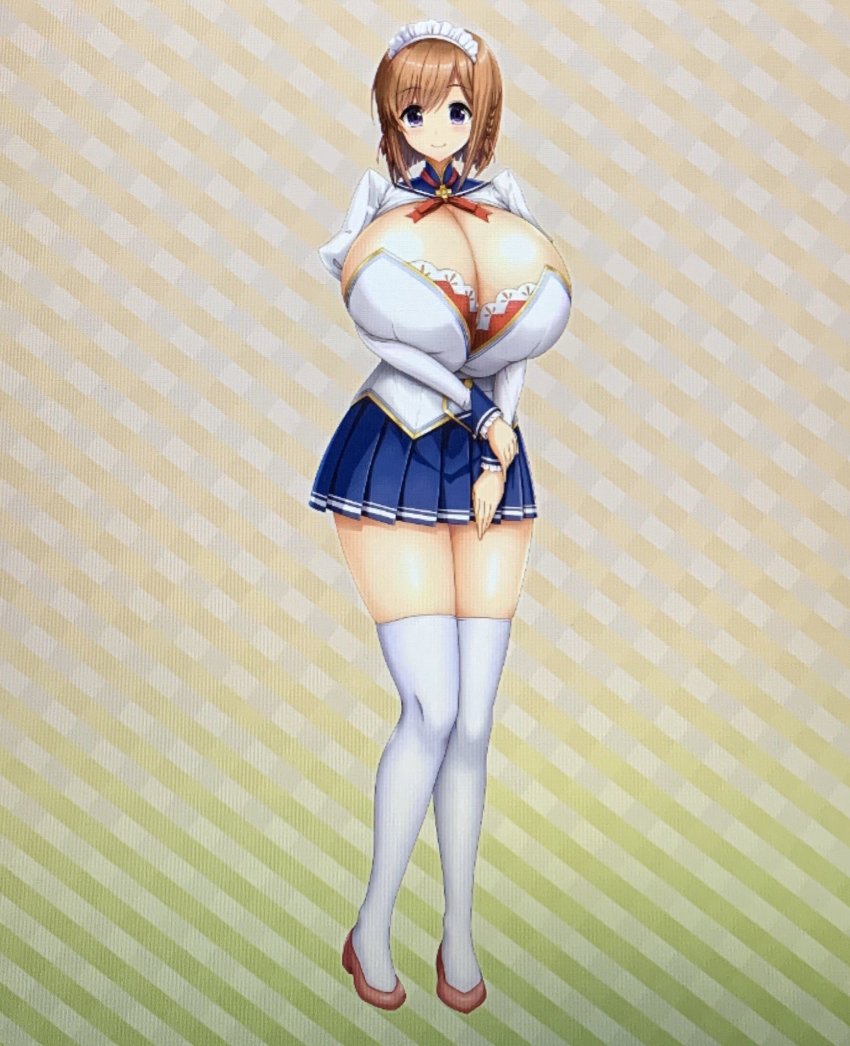 1girl alternate_costume blush breasts brown_hair btk cleavage full_body highres honoo_no_haramase_oppai_nyuu_doukyuusei huge_breasts looking_at_viewer maid_headdress munemoto_minori pleated_skirt purple_eyes school_uniform shiny_skin short_hair skirt smile solo squeez_(artist) thighhighs white_thighhighs