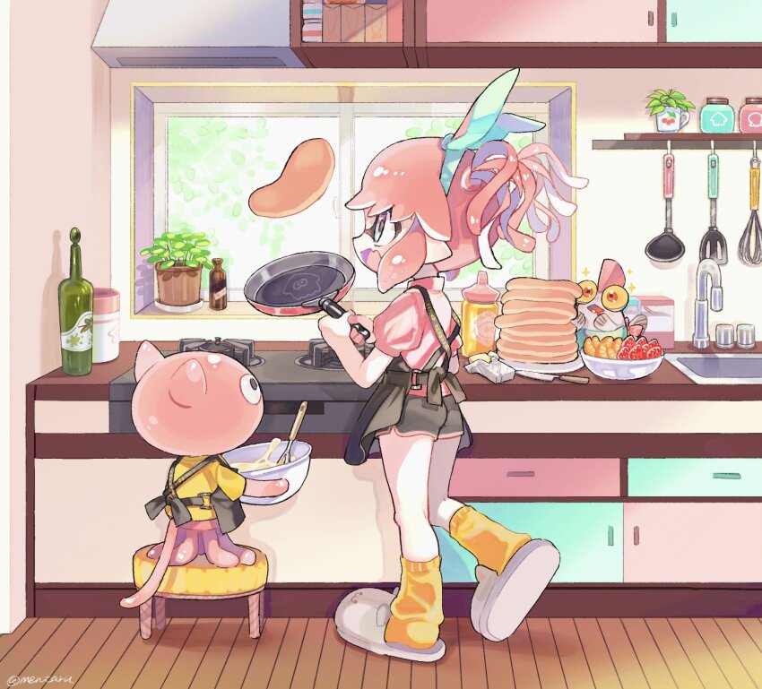 1girl :d amezawa_koma apron black_apron black_shorts blue_eyes blue_hairband blue_ribbon bow_hairband bowl butter commentary_request dolphin_shorts fang food frying_pan full_body hair_ribbon hairband highres holding holding_bowl holding_frying_pan indoors inkling inkling_girl inkling_player_character jellyfish_(splatoon) kitchen mixing_bowl nintendo on_stool open_mouth pancake pancake_stack pink_hair pink_shirt plant plate pointy_ears potted_plant puffy_short_sleeves puffy_sleeves ribbon shirt short_hair short_sleeves short_twintails shorts sidelocks sink skin_fang slippers smallfry_(splatoon) smile socks solo sparkle splatoon_(series) standing standing_on_one_leg tentacle_hair twintails whisk window yellow_shirt yellow_socks