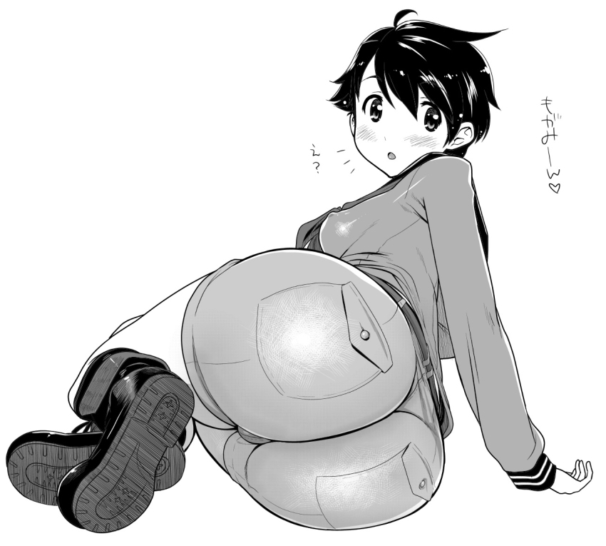 10s 1girl :o ass boots breasts covered_erect_nipples female_focus greyscale huge_ass kantai_collection kazumi_yoshiyuki looking_at_viewer lying medium_breasts mogami_(kancolle) monochrome on_side school_uniform serafuku short_hair shorts solo translated