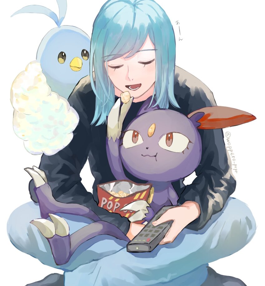 1boy aqua_hair black_shirt closed_eyes commentary_request controller creatures_(company) feeding game_freak gen_2_pokemon gen_3_pokemon grusha_(pokemon) highres holding holding_remote_control long_sleeves lower_teeth_only male_focus nintendo on_lap open_mouth pants pokemon pokemon_(creature) pokemon_on_lap pokemon_sv remote_control shirt simple_background sitting sneasel socks swablu teeth tongue twitter_username white_background woppero_prpr