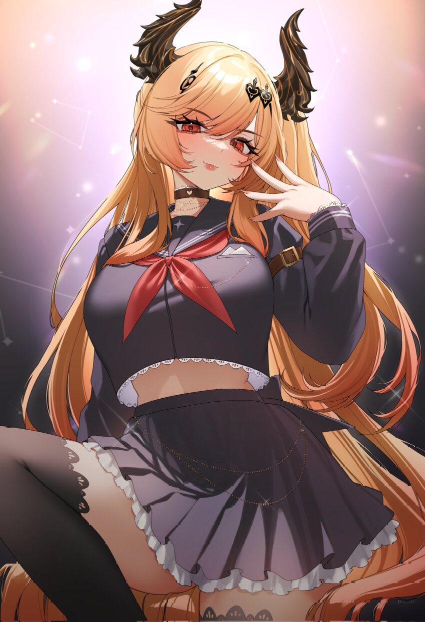 1girl black_choker black_horns black_sailor_collar black_shirt black_skirt black_thighhighs blonde_hair breasts choker dark_angel_olivia eyelashes gradient_hair granblue_fantasy hair_ornament highres horns lips long_hair long_sleeves multicolored_hair neckerchief nemuaki orange_hair pleated_skirt red_eyes red_neckerchief sailor_collar school_uniform second-party_source serafuku shirt skirt solo thighhighs