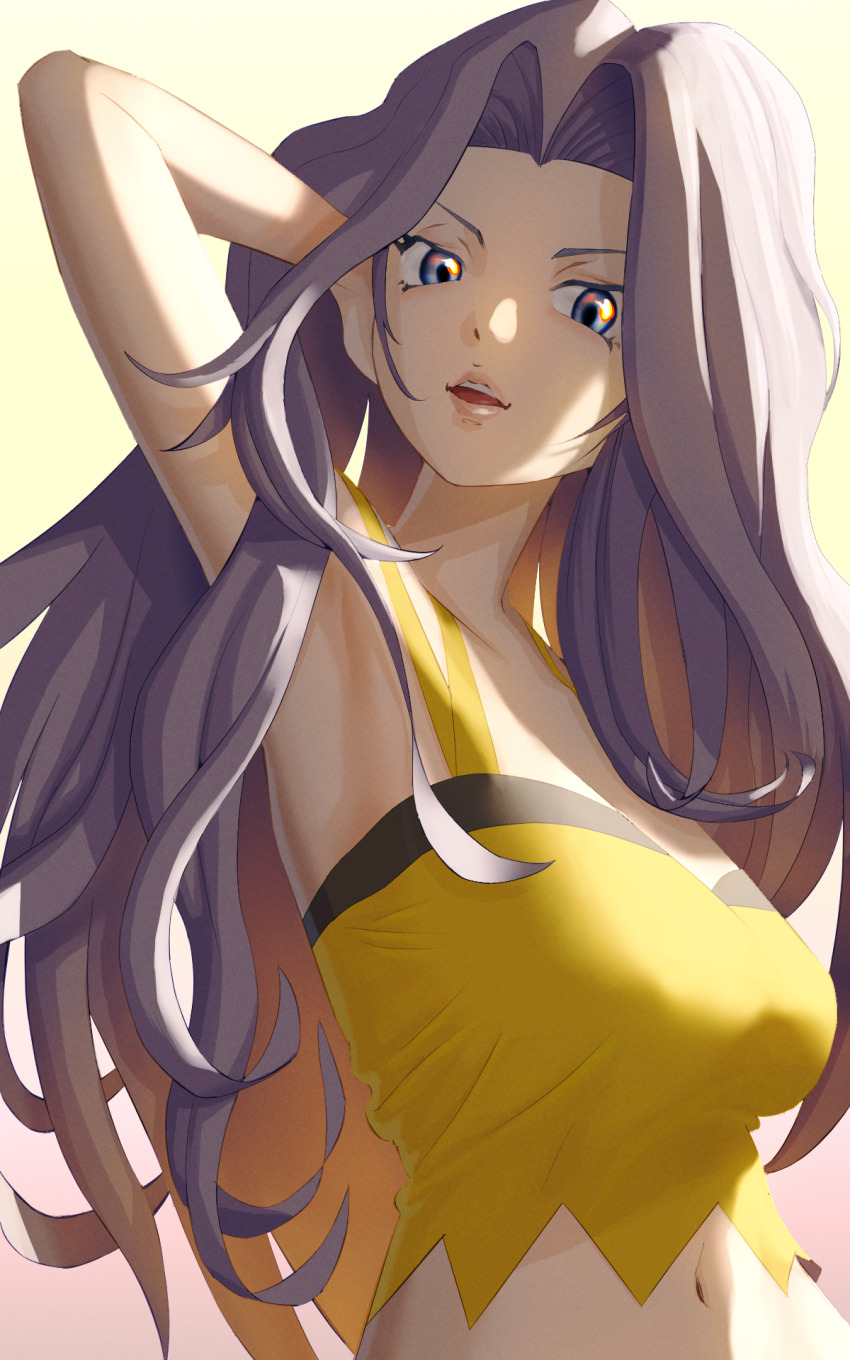 1girl arm_behind_head bare_arms blue_eyes blue_hair camisole collarbone commentary_request creatures_(company) crop_top game_freak highres hyakusyo69 karen_(pokemon) light_blue_hair long_hair midriff navel nintendo parted_bangs pokemon pokemon_hgss solo spaghetti_strap teeth upper_body upper_teeth_only wavy_hair yellow_camisole