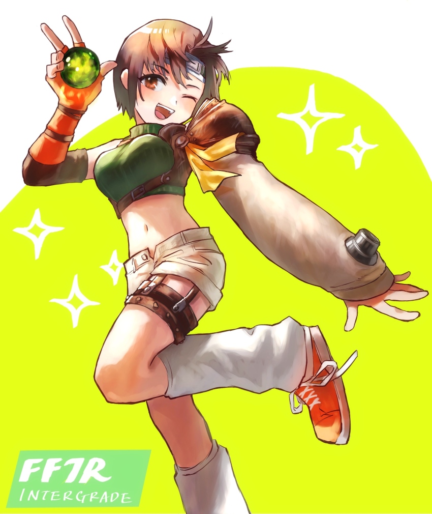 1girl blush breasts brown_eyes brown_hair cat_cat_mammoth commentary_request cropped_sweater final_fantasy final_fantasy_vii final_fantasy_vii_remake fingerless_gloves foot_out_of_frame foot_up gloves green_sweater headband highres holding looking_at_viewer loose_socks materia medium_breasts midriff navel one_eye_closed open_mouth orange_footwear short_hair shorts single_bare_shoulder single_shoulder_pad socks solo sparkle standing standing_on_one_leg sweater v white_socks yuffie_kisaragi