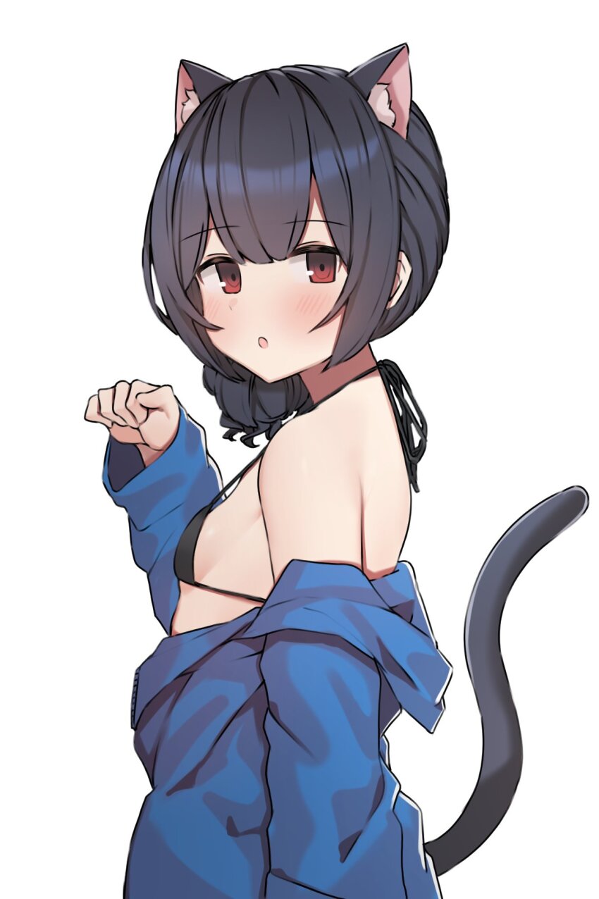 1girl aa211108 animal_ears bare_shoulders bikini black_bikini black_hair blue_jacket blush breasts cat_ears cat_tail hair_bun highres idolmaster idolmaster_shiny_colors jacket long_sleeves looking_at_viewer morino_rinze open_mouth paw_pose red_eyes short_hair sideboob small_breasts solo swimsuit tail white_background