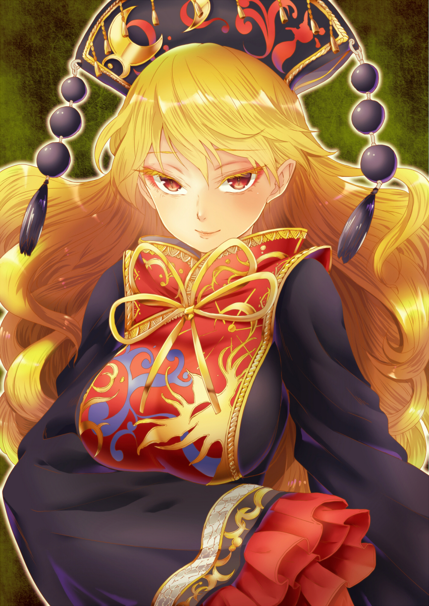 1girl artist_collaboration blonde_hair breasts chikado chinese_clothes closed_mouth colored_eyelashes colorized green_background highres junko_(touhou) large_breasts long_sleeves micmic2 phoenix_crown red_eyes red_tabard ribbon sleeves_past_fingers sleeves_past_wrists solo tabard tassel touhou yellow_ribbon