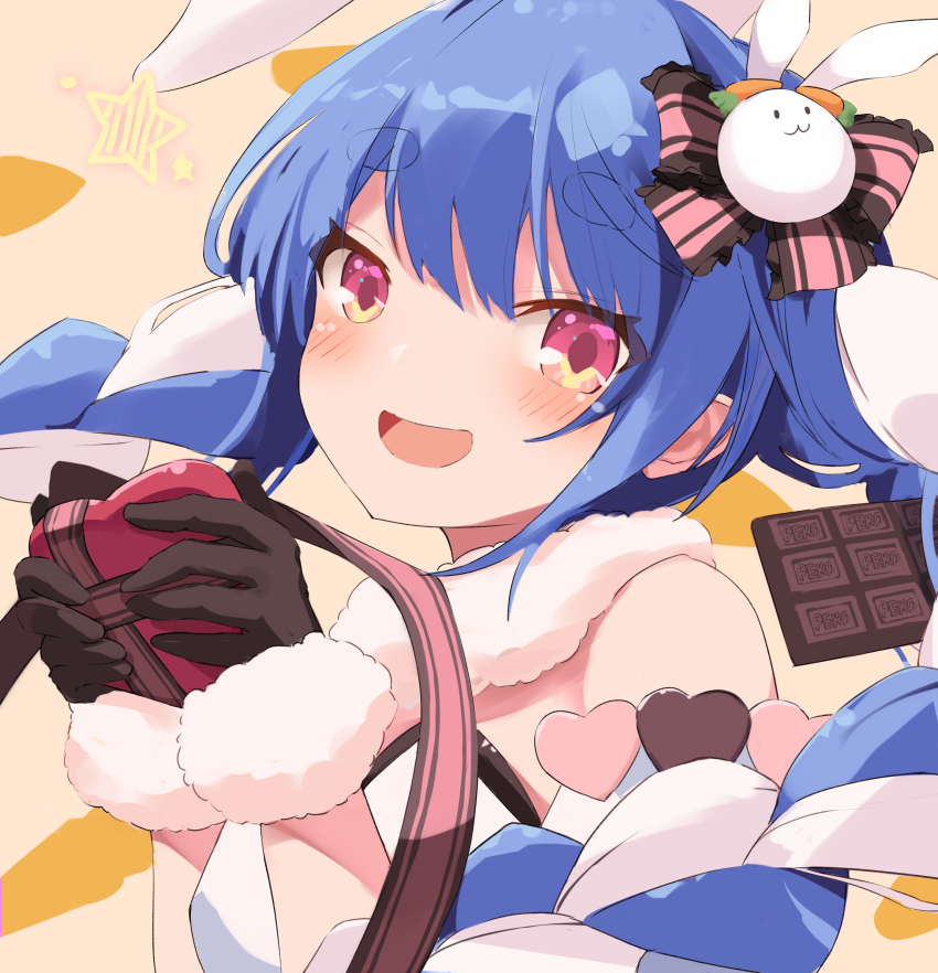 1girl absurdres animal_ears blue_hair blush bow box braid candy chocolate chocolate_bar food fur-trimmed_gloves fur_collar fur_trim gloves hair_bow hair_ornament heart heart-shaped_pupils highres holding holding_box hololive looking_at_viewer multicolored_hair open_mouth pink_eyes rabbit_ears rabbit_girl rabbit_hair_ornament remini_(scenceremini) smile solo strapless symbol-shaped_pupils thick_eyebrows twin_braids usada_pekora usada_pekora_(1st_costume) virtual_youtuber white_hair