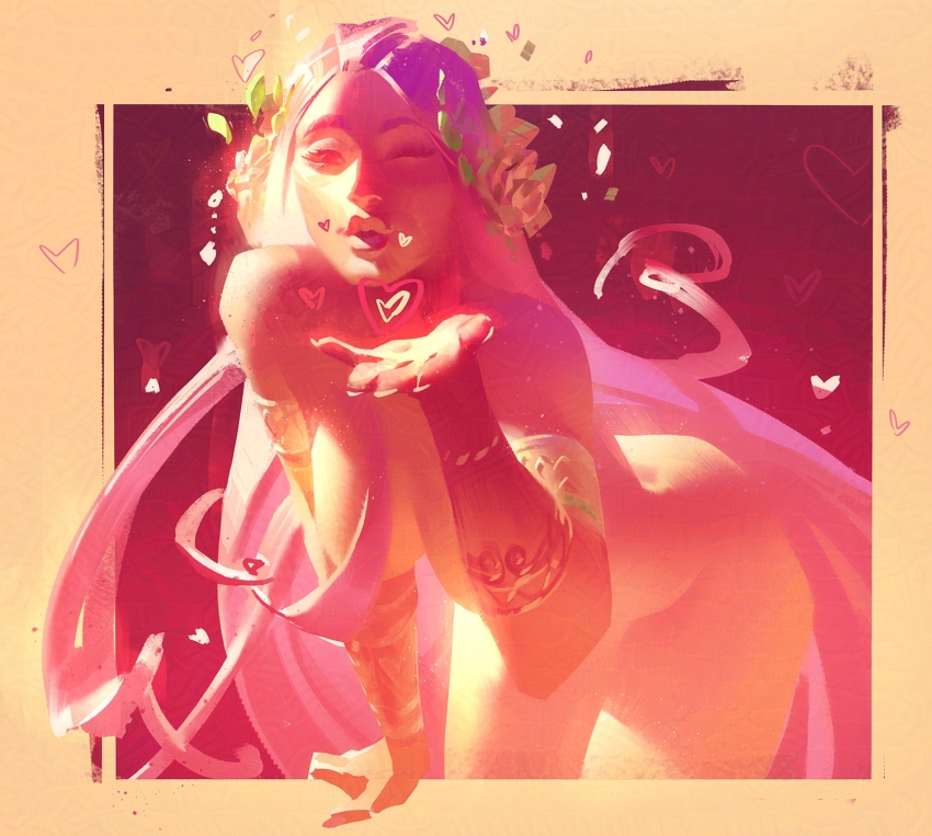 1girl aphrodite_(hades) bent_over blowing_kiss breasts hades_(series) hair_censor heart highres jeremy_anninos large_breasts laurel_crown long_hair looking_at_viewer nude one_eye_closed outstretched_hand pink_hair solo valentine very_long_hair