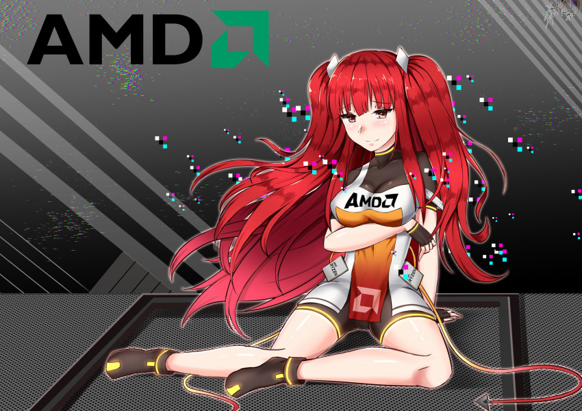 1girl amd arm_support black_footwear black_gloves bodysuit breast_hold breasts brown_eyes cleavage closed_mouth clothes_writing collarbone copyright_name facing_viewer fingerless_gloves floating_hair full_body glitch gloves glowing hair_ornament highres light_smile logo long_hair looking_at_viewer medium_breasts red_hair ryzen shirt shoes signature sitting smile solo tagme tank_top two_side_up very_long_hair white_shirt xanadu_avici yokozuwari zenka_(amd)