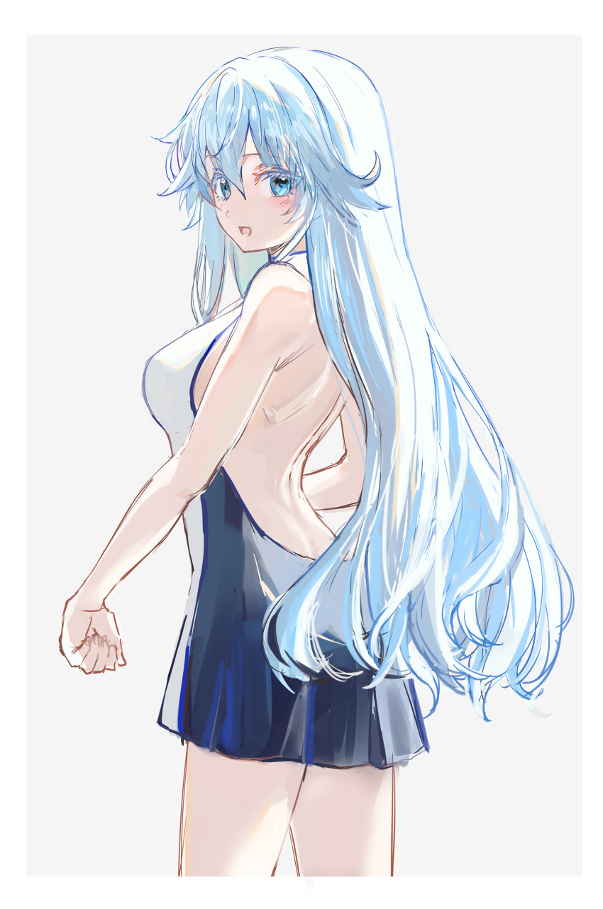 1girl absurdres bare_back blue_dress blue_eyes blue_hair blush collared_dress dress elfaria_albis_serfort female_focus highres long_hair looking_at_viewer looking_back open_mouth simple_background sleeveless sleeveless_dress solo tsue_to_tsurugi_no_wistoria two-tone_dress umikiny very_long_hair white_background white_dress