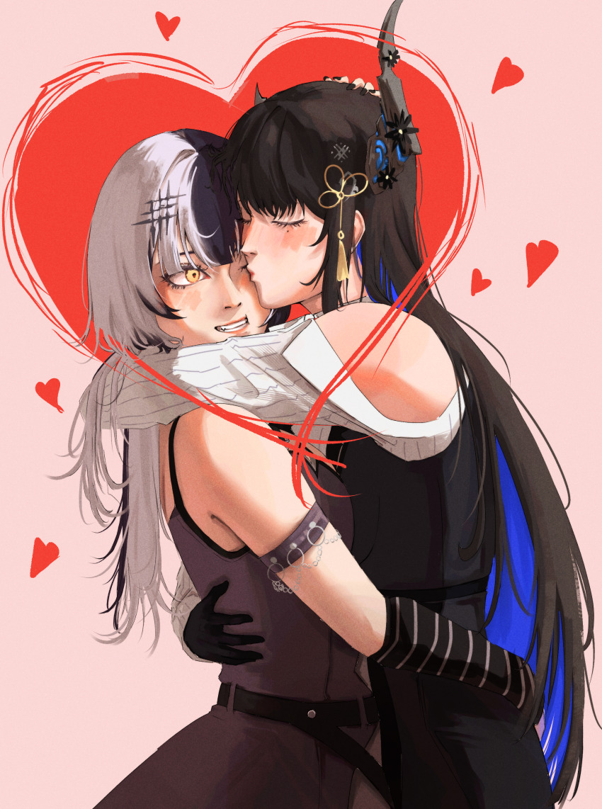 2girls absurdres arm_strap asymmetrical_horns black_arm_warmers black_dress black_gloves black_hair blue_hair clothing_cutout colored_inner_hair demon_horns dress gloves grey_dress grey_hair hair_ornament highres hololive hololive_english horns hug kiss kissing_cheek long_hair mairu_(user_2757) multicolored_hair multiple_girls nerissa_ravencroft shiori_novella shoulder_cutout split-color_hair striped_arm_warmers two-tone_hair virtual_youtuber yellow_eyes yuri