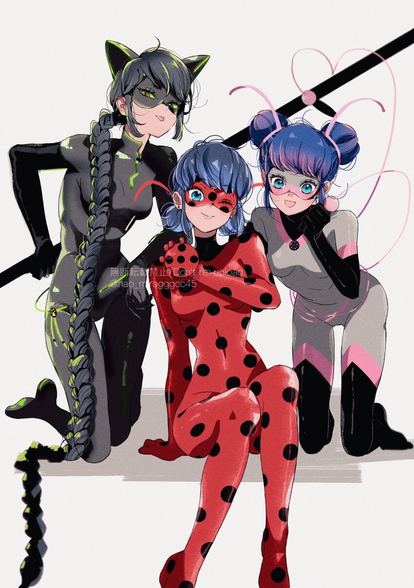 3girls animal_ears black_bodysuit black_hair black_mask blue_eyes blue_hair bodysuit braid cat_ears cat_girl double_bun green_eyes grey_background grey_bodysuit grey_mask hair_bun happy highres holding holding_weapon lady_noir ladybug_(character) long_hair looking_at_viewer marinette_dupain-cheng miraculous_ladybug multimouse_(character) multiple_girls one_eye_closed open_mouth polka_dot red_bodysuit red_mask seio_(nao_miragggcc45) short_twintails single_braid sitting slit_pupils smile superhero_costume tail tongue tongue_out twintails very_long_hair weapon yo-yo