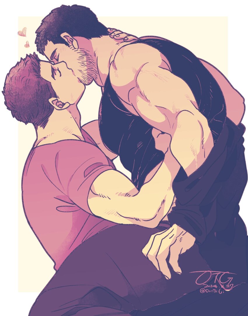 2boys bara beard_stubble black_hair black_tank_top brown_hair brown_shirt chris_redfield closed_eyes clothes_lift dated facial_hair gold_5610 highres kiss male_focus multiple_boys muscular muscular_male pants pectorals piers_nivans resident_evil resident_evil_6 shirt shirt_lift short_hair short_sleeves signature simple_background stubble tank_top twitter_username undressing white_background yaoi