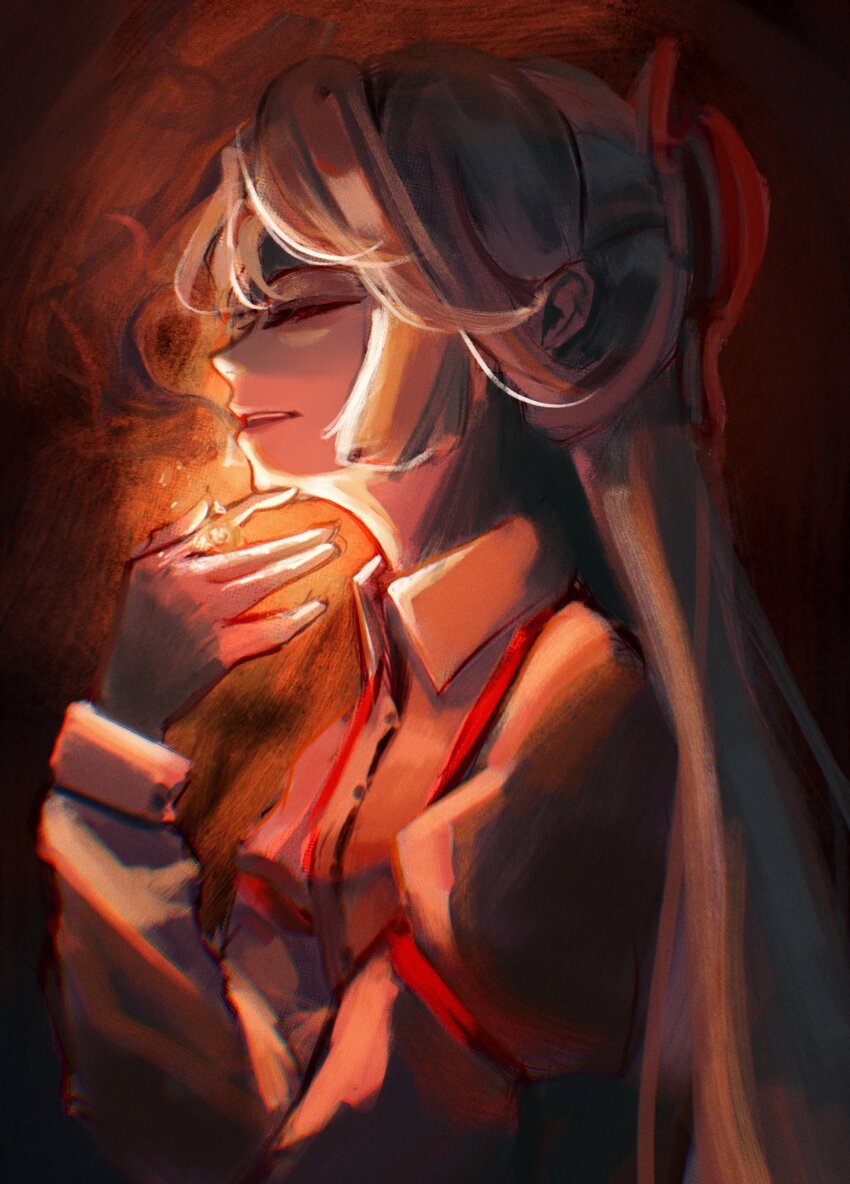 1girl closed_eyes fire from_side fujiwara_no_mokou highres long_hair long_sleeves parted_lips profile pyrokinesis solo teeth touhou upper_body upper_teeth_only yuhel