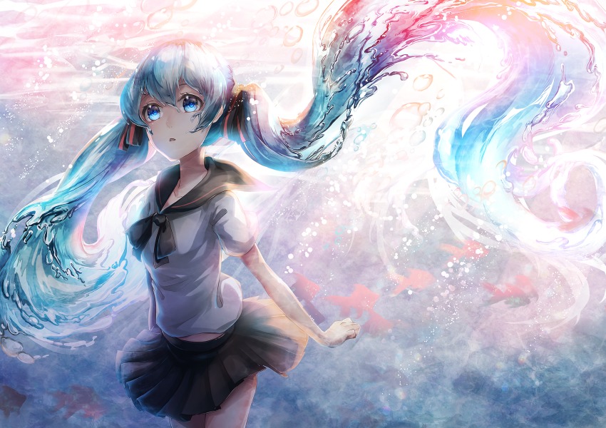 1girl black_neckwear black_skirt blouse blue_eyes blue_hair bottle_miku cowboy_shot female_focus floating_hair hair_between_eyes hair_ornament hatsune_miku highres kozou_kazaru liquid_hair long_hair miniskirt parted_lips pleated_skirt school_uniform shirt short_sleeves skirt solo very_long_hair vocaloid white_shirt