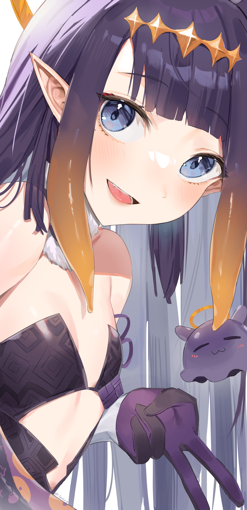 1girl absurdres bare_shoulders black_hair blue_eyes blunt_bangs blush fang flat_chest gloves gurina highres hololive hololive_english long_hair looking_at_viewer ninomae_ina&#039;nis open_mouth pointy_ears purple_gloves smile takodachi_(ninomae_ina&#039;nis) twitter_username upper_body v virtual_youtuber