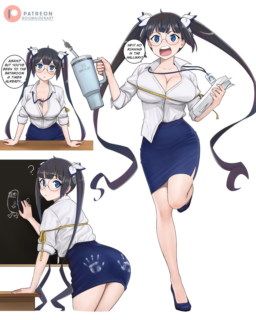 1girl ? absurdres ahoge alternate_costume arm_support ass bespectacled between_breasts black_hair blue_eyes blue_footwear blue_skirt board_eraser breasts chalkboard cleavage closed_mouth collared_shirt commentary cropped_legs cup dismaiden dress_shirt dungeon_ni_deai_wo_motomeru_no_wa_machigatteiru_darou_ka english_commentary english_text full_body glasses hair_ornament hestia_(danmachi) highres holding holding_cup holding_paper id_card lanyard large_breasts leaning_forward light_blush long_hair looking_at_viewer multiple_views open_mouth paper parted_lips partially_unbuttoned patreon_logo pencil_skirt round_eyewear running shirt shirt_partially_tucked_in shirt_tucked_in short_eyebrows simple_background skirt sleeves_rolled_up speech_bubble sweatdrop tape_measure teacher teeth tongue twintails twitter_username v-shaped_eyebrows very_long_hair white_background white_shirt