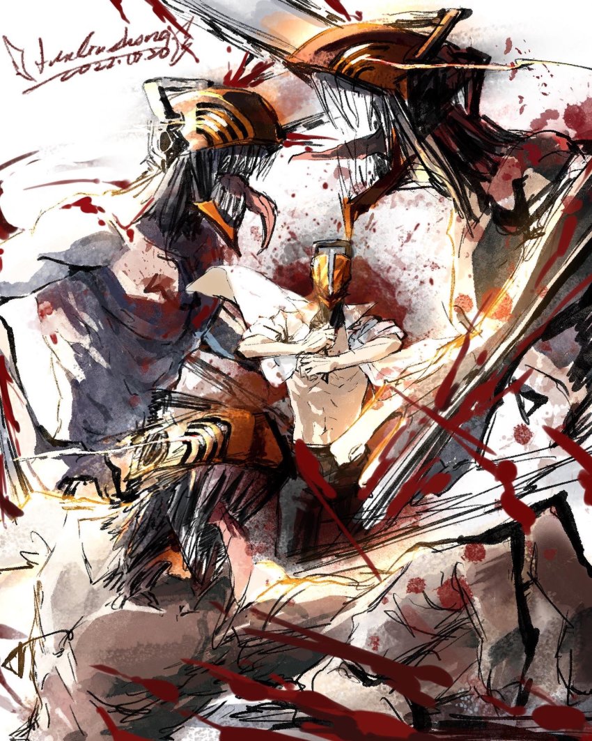 1boy black_pants blood blood_on_chest blood_on_hands blood_spray bloody_weapon chainsaw chainsaw_man clone collared_shirt denji_(chainsaw_man) facing_away facing_to_the_side facing_viewer glowing glowing_eyes highres hybrid linlinzhong motion_blur motion_lines muscular muscular_male open_clothes open_mouth pants sharp_teeth shirt simple_background solo teeth tongue tongue_out topless_male weapon white_background white_shirt