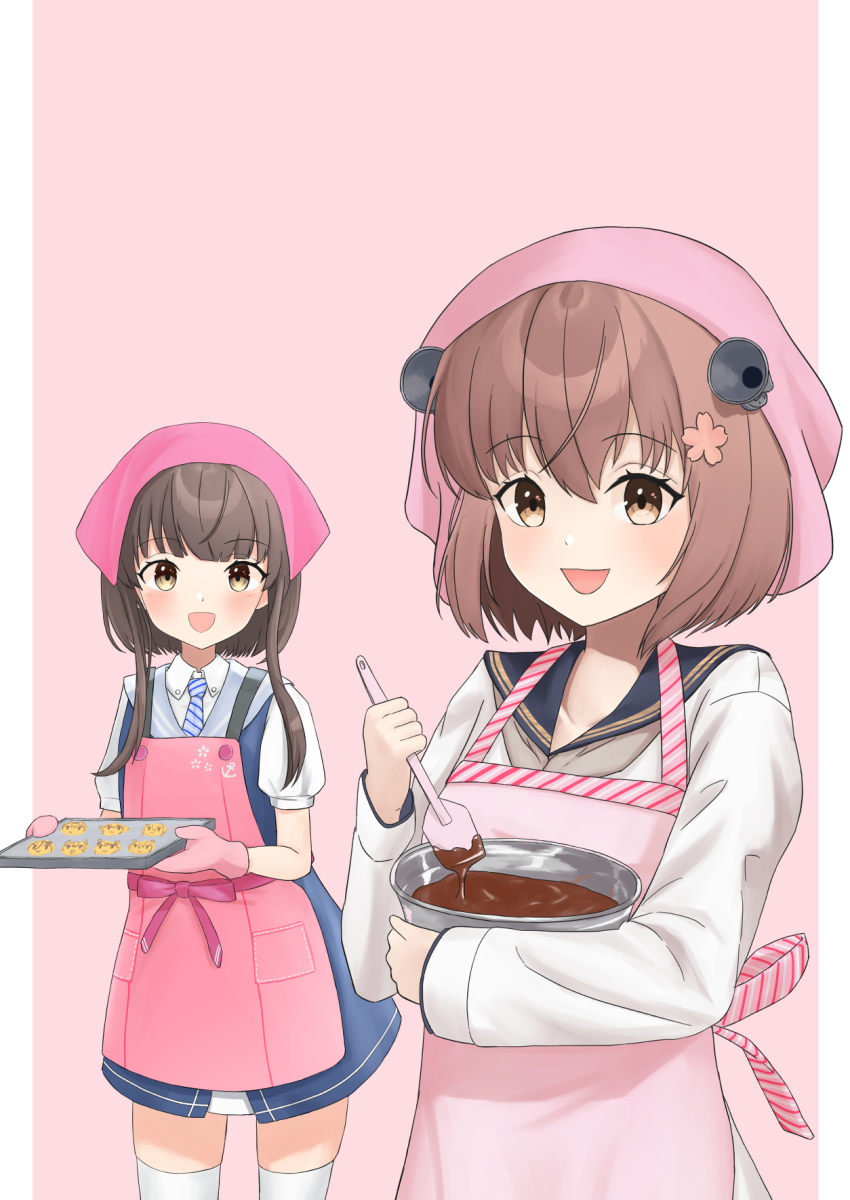 2girls apron bandana blue_dress blue_sailor_collar bowl braid brown_eyes brown_hair chocolate collared_shirt diagonal-striped_clothes diagonal-striped_necktie dress dress_shirt gradient_background grey_neckerchief grey_sailor_collar headgear highres kantai_collection multiple_girls neckerchief necktie outside_border oven_mitts pink_apron pink_background pink_bandana sailor_collar sailor_dress shirt short_hair short_hair_with_long_locks side_braids spatula speaking_tube_headset striped_clothes striped_necktie thighhighs two-tone_background ukuru_(kancolle) white_dress white_shirt white_thighhighs yuki_4040 yukikaze_(kancolle) yukikaze_kai_ni_(kancolle)