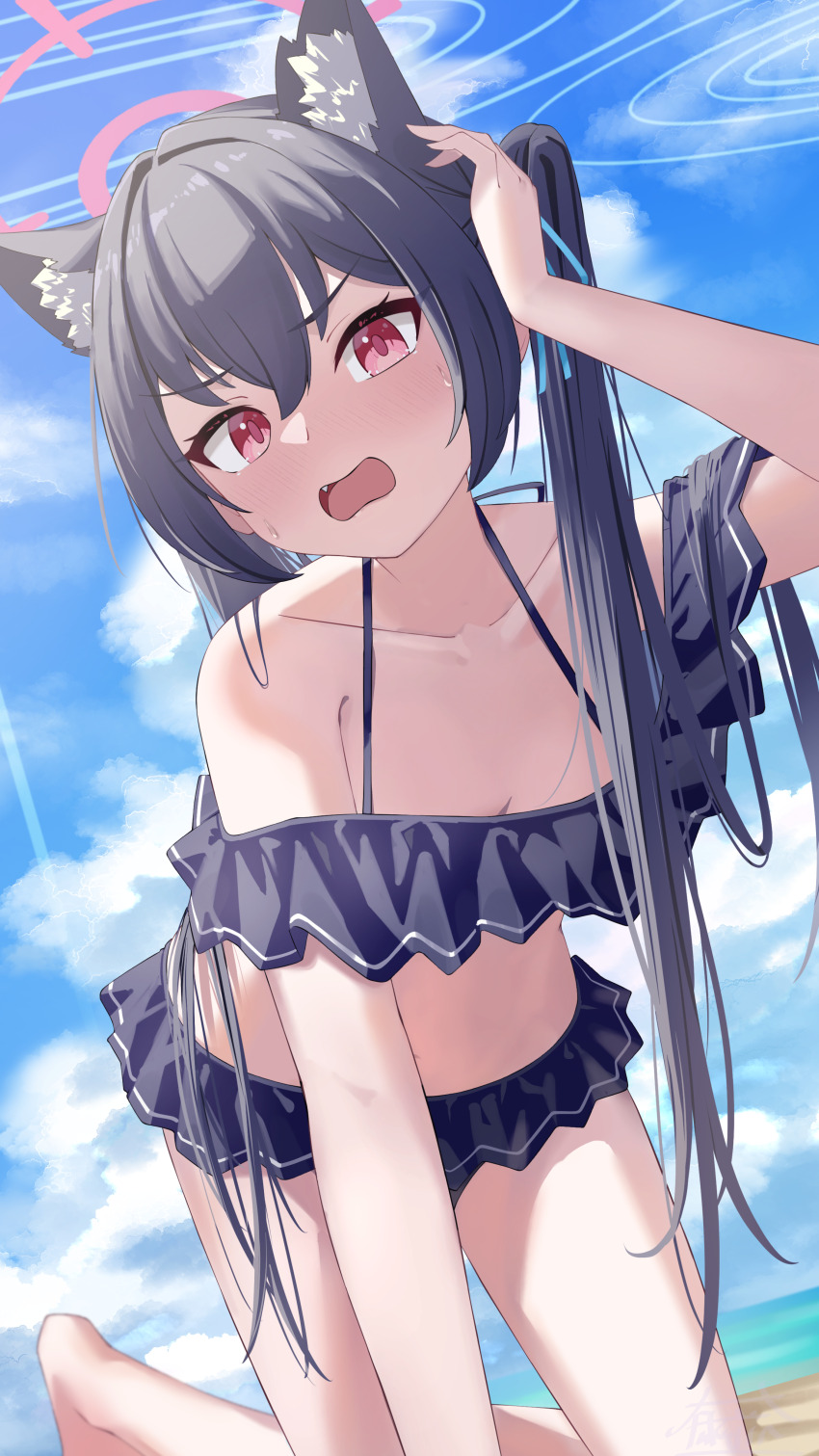 1girl absurdres adjusting_hair animal_ear_fluff animal_ears arm_support beach bikini black_bikini blue_archive blush breasts cat_ears cloud cloudy_sky collarbone crossed_bangs fang frilled_bikini frills fukujin hair_between_eyes halo highres knees_out_of_frame long_hair looking_at_viewer official_alternate_costume open_mouth outdoors red_eyes red_halo serika_(blue_archive) serika_(swimsuit)_(blue_archive) sidelocks sky small_breasts solo swimsuit twintails very_long_hair