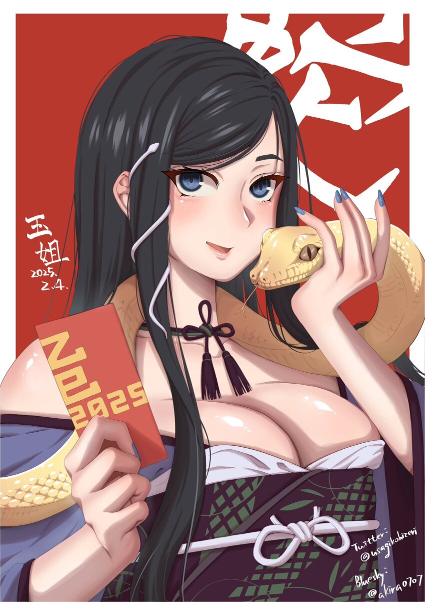 1girl 2025 akira_(live2bakira) android animal artist_name bare_shoulders black_hair blue_eyes breasts chinese_zodiac choker collarbone highres holding_animal holding_snake japanese_clothes large_breasts looking_at_viewer raven_(stellar_blade) shiny_skin snake stellar_blade year_of_the_snake