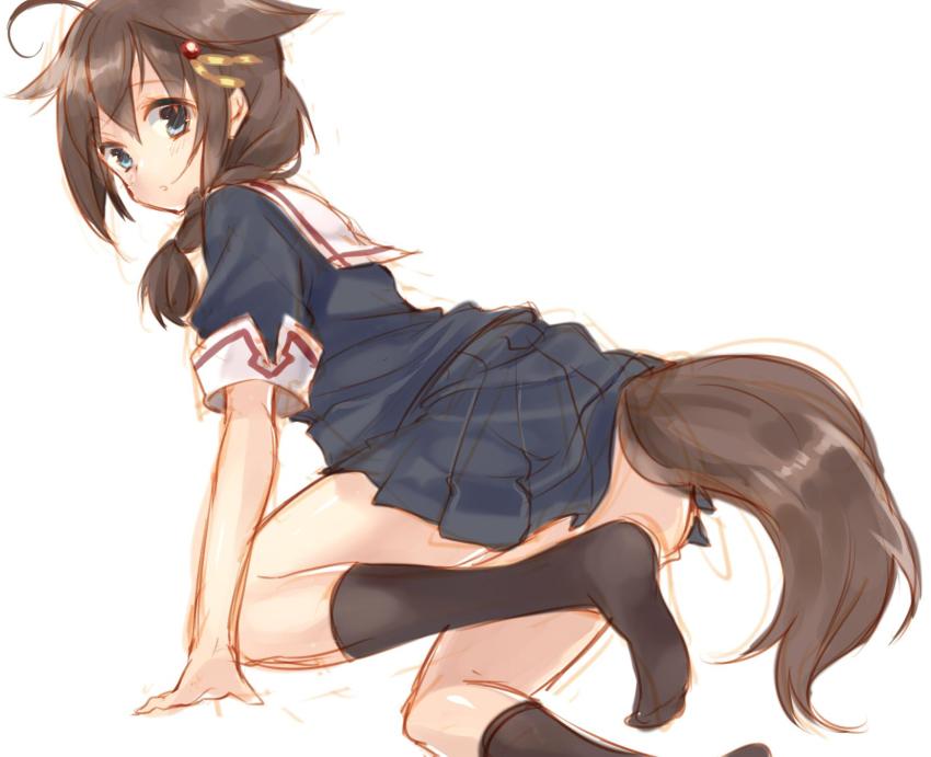 10s 1girl ahoge all_fours black_socks blush braid brown_hair dog_tail female_focus from_side hair_flaps hair_ornament highres jpeg_artifacts kantai_collection kemonomimi_mode kneehighs leg_up looking_back maruki_(punchiki) no_shoes shigure_(kancolle) shigure_kai_ni_(kancolle) simple_background single_braid sketch socks solo tail white_background