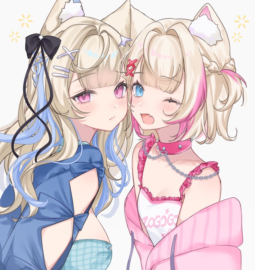 2girls :/ =_hair_ornament animal_ear_fluff animal_ears black_bow blonde_hair blue_eyes blue_hair blue_jacket blue_shirt blue_streaks blunt_bangs bow breasts camisole chain character_name checkered_clothes checkered_shirt cheek-to-cheek cherriuna choker closed_mouth clothes_writing clothing_cutout collarbone diamond_cutout dog_ears dog_girl eyelashes fang fuwawa_abyssgard fuwawa_abyssgard_(3rd_costume) hair_bow hair_intakes hair_ornament half_up_braid heads_together highres hololive hololive_english hood hood_down hooded_jacket jacket long_hair looking_at_viewer medium_breasts mococo_abyssgard mococo_abyssgard_(3rd_costume) multicolored_hair multiple_girls off_shoulder official_alternate_costume official_alternate_hairstyle one_eye_closed open_mouth pink_choker pink_eyes pink_hair pink_jacket pink_streaks ribbon shirt short_hair siblings simple_background sisters skin_fang small_breasts spiked_choker spikes squeans streaked_hair sweater tears twins two-tone_hair upper_body virtual_youtuber white_background white_camisole x_hair_ornament yawning