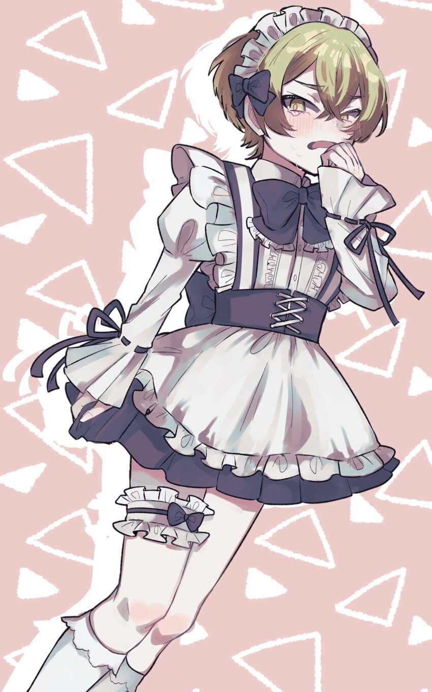 1boy arm_at_side back_bow blonde_hair blush bobby_socks bow bowtie bridal_garter buttons center_frills collared_shirt corset cross-laced_clothes cross-laced_corset crossdressing crying crying_with_eyes_open feet_out_of_frame fold-over_socks frilled_bowtie frilled_garter frilled_shirt frills frown grey_bow grey_bowtie grey_corset hair_bow hand_up highres juliet_sleeves kneehighs limbus_company long_sleeves maid maid_headdress male_focus male_maid ntsuhg pink_background project_moon puffy_sleeves ribbon-trimmed_sleeves ribbon_trim shirt short_hair sinclair_(project_moon) socks solo tears trap white_socks yellow_eyes